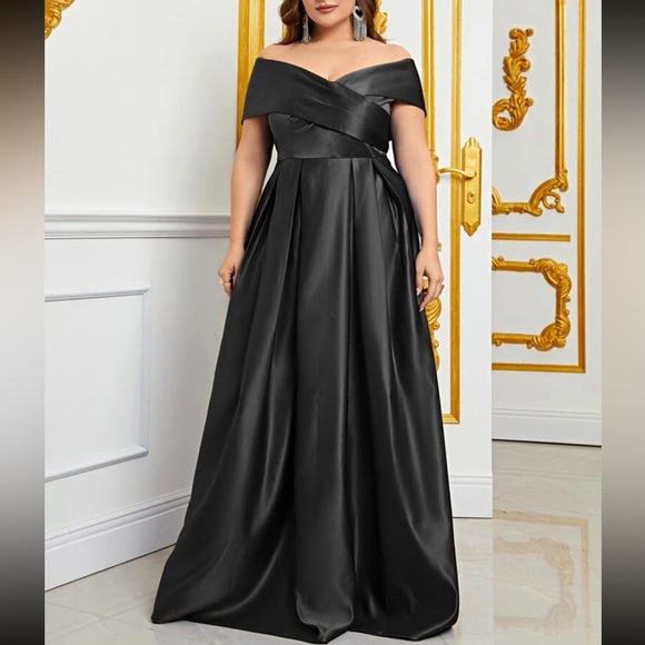 Luxe off shoulder pleated prom bridesmaids formal satin gown dress